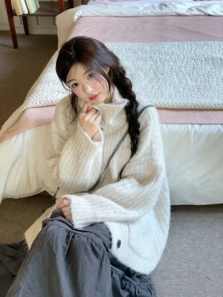 Aoto high neck collar two-way button loose fit long cardigan