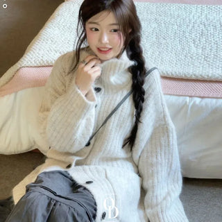 Aoto high neck collar two-way button loose fit long cardigan