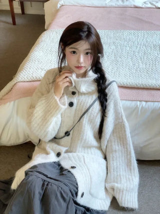 Aoto high neck collar two-way button loose fit long cardigan
