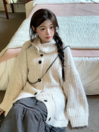 Aoto high neck collar two-way button loose fit long cardigan
