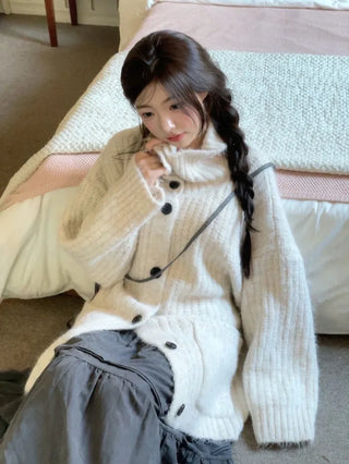 Aoto high neck collar two-way button loose fit long cardigan