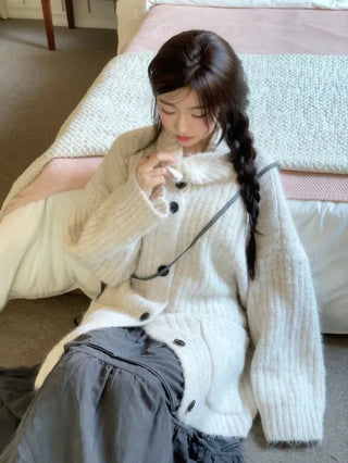 Aoto high neck collar two-way button loose fit long cardigan