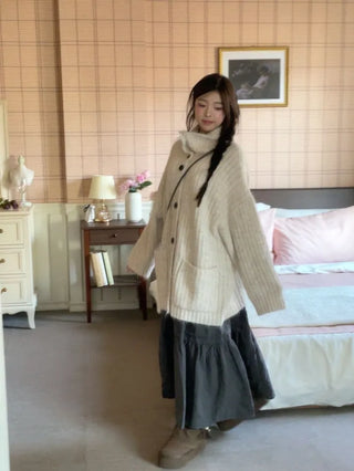 Aoto high neck collar two-way button loose fit long cardigan