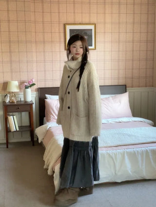 Aoto high neck collar two-way button loose fit long cardigan