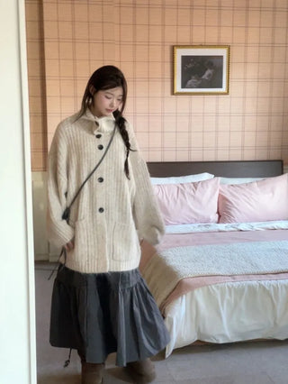 Aoto high neck collar two-way button loose fit long cardigan