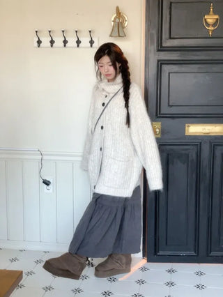 Aoto high neck collar two-way button loose fit long cardigan
