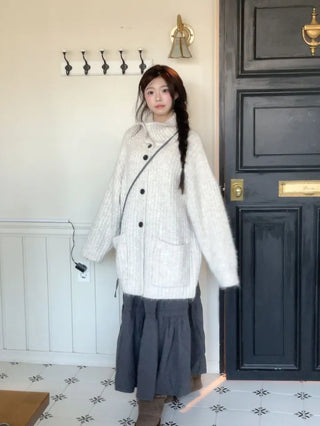 Aoto high neck collar two-way button loose fit long cardigan