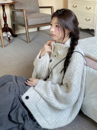 Aoto high neck collar two-way button loose fit long cardigan