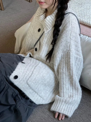Aoto high neck collar two-way button loose fit long cardigan