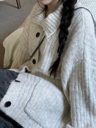 Aoto high neck collar two-way button loose fit long cardigan