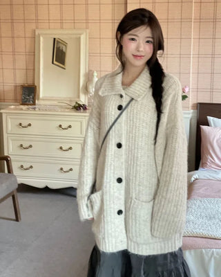 Aoto high neck collar two-way button loose fit long cardigan