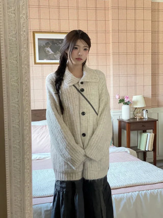 Aoto high neck collar two-way button loose fit long cardigan