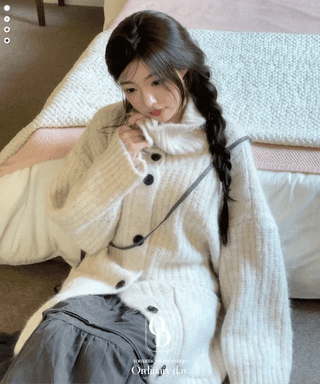 Aoto high neck collar two-way button loose fit long cardigan
