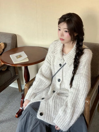 Aoto high neck collar two-way button loose fit long cardigan