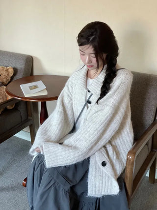 Aoto high neck collar two-way button loose fit long cardigan