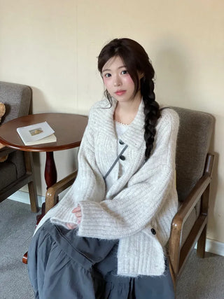Aoto high neck collar two-way button loose fit long cardigan
