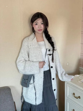Aoto high neck collar two-way button loose fit long cardigan
