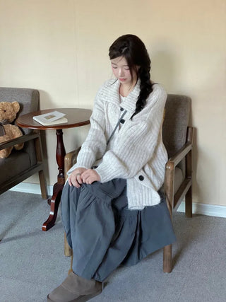 Aoto high neck collar two-way button loose fit long cardigan