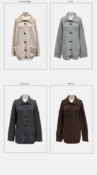 Aoto high neck collar two-way button loose fit long cardigan