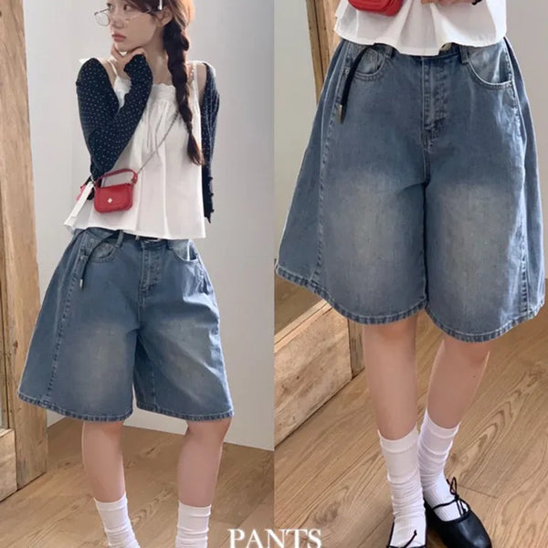 Moharu vintage washed pintuck Bermuda wide denim pants S, M, L