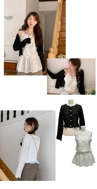 Niage Vintage Crochet Punching Wave Knit Crop Cardigan