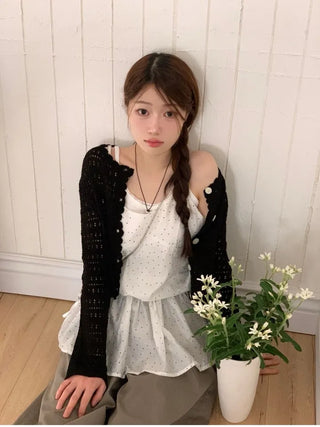 Niage Vintage Crochet Punching Wave Knit Crop Cardigan