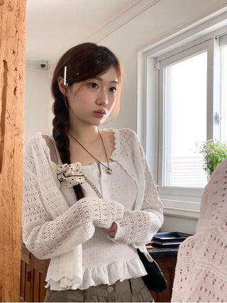 Niage Vintage Crochet Punching Wave Knit Crop Cardigan
