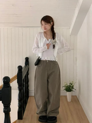 Niage Vintage Crochet Punching Wave Knit Crop Cardigan