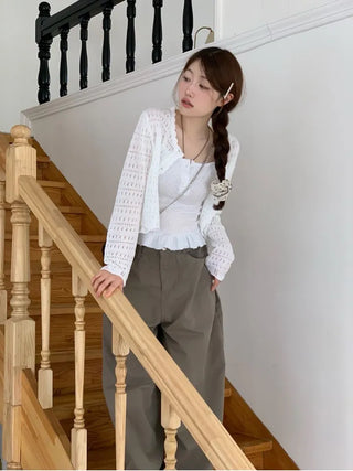 Niage Vintage Crochet Punching Wave Knit Crop Cardigan
