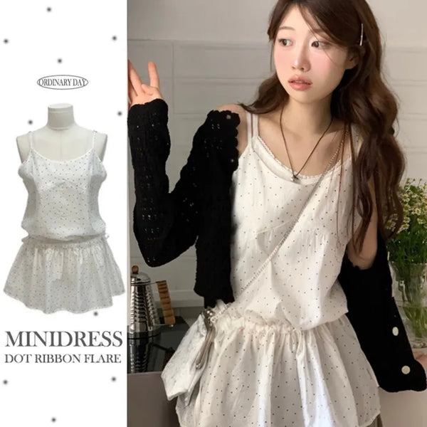 Evehe dot ribbon strap bustier sleeveless layered flare mini dress