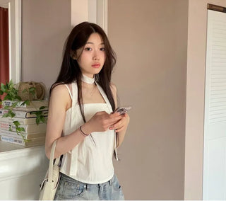 Fren Pintuck Shirring Muffler Bustier Sleeveless Nashi Set