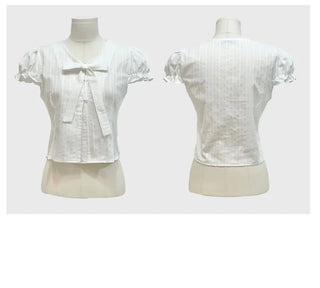 Rubel Ribbon Tie Team Slim Fit Lovely Puff Crop Stripe Cotton Short Sleeve Blouse