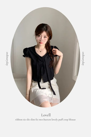 Rubel Ribbon Tie Team Slim Fit Lovely Puff Crop Stripe Cotton Short Sleeve Blouse