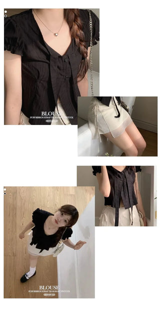 Rubel Ribbon Tie Team Slim Fit Lovely Puff Crop Stripe Cotton Short Sleeve Blouse