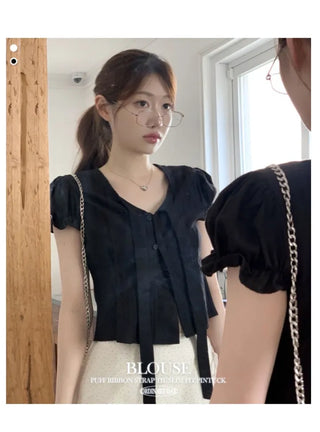 Rubel Ribbon Tie Team Slim Fit Lovely Puff Crop Stripe Cotton Short Sleeve Blouse