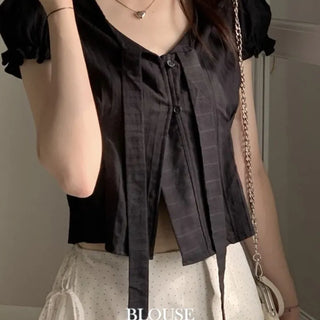Rubel Ribbon Tie Team Slim Fit Lovely Puff Crop Stripe Cotton Short Sleeve Blouse