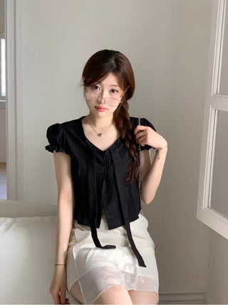 Rubel Ribbon Tie Team Slim Fit Lovely Puff Crop Stripe Cotton Short Sleeve Blouse