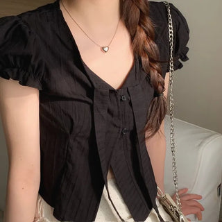 Rubel Ribbon Tie Team Slim Fit Lovely Puff Crop Stripe Cotton Short Sleeve Blouse