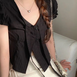 Rubel Ribbon Tie Team Slim Fit Lovely Puff Crop Stripe Cotton Short Sleeve Blouse