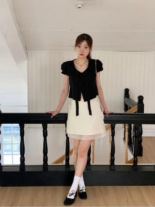 Rubel Ribbon Tie Team Slim Fit Lovely Puff Crop Stripe Cotton Short Sleeve Blouse