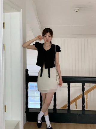 Rubel Ribbon Tie Team Slim Fit Lovely Puff Crop Stripe Cotton Short Sleeve Blouse
