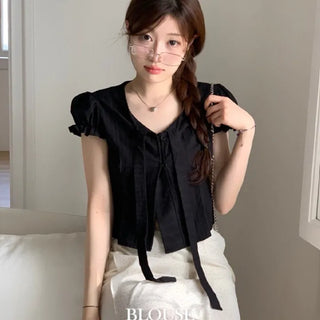 Rubel Ribbon Tie Team Slim Fit Lovely Puff Crop Stripe Cotton Short Sleeve Blouse