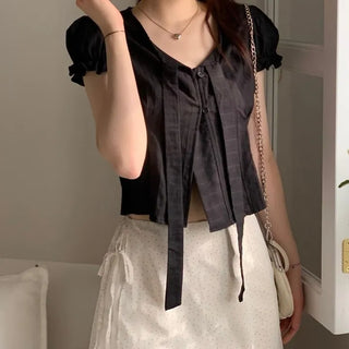 Rubel Ribbon Tie Team Slim Fit Lovely Puff Crop Stripe Cotton Short Sleeve Blouse