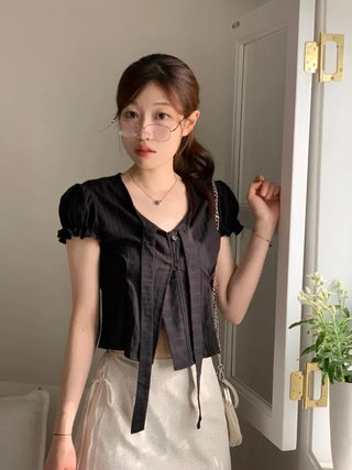 Rubel Ribbon Tie Team Slim Fit Lovely Puff Crop Stripe Cotton Short Sleeve Blouse