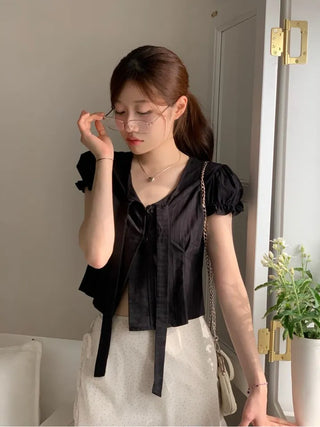 Rubel Ribbon Tie Team Slim Fit Lovely Puff Crop Stripe Cotton Short Sleeve Blouse
