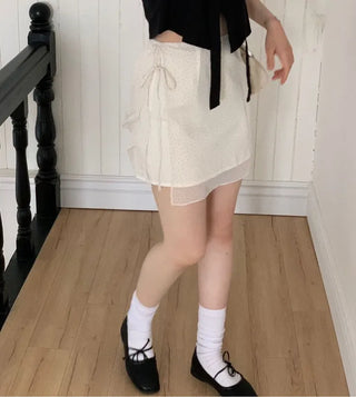 Rubel Ribbon Tie Team Slim Fit Lovely Puff Crop Stripe Cotton Short Sleeve Blouse