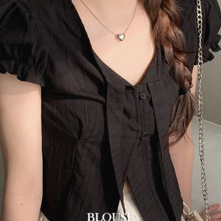 Rubel Ribbon Tie Team Slim Fit Lovely Puff Crop Stripe Cotton Short Sleeve Blouse