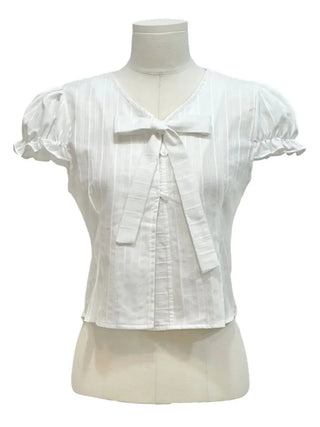 Rubel Ribbon Tie Team Slim Fit Lovely Puff Crop Stripe Cotton Short Sleeve Blouse