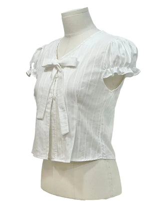Rubel Ribbon Tie Team Slim Fit Lovely Puff Crop Stripe Cotton Short Sleeve Blouse