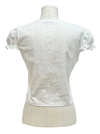 Rubel Ribbon Tie Team Slim Fit Lovely Puff Crop Stripe Cotton Short Sleeve Blouse